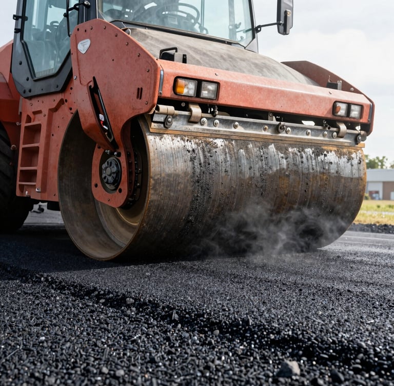 Low-angle shot of a heavy road roller compacting fresh, steaming black asphalt under bright morning light, highlighting the rich gravel textures.