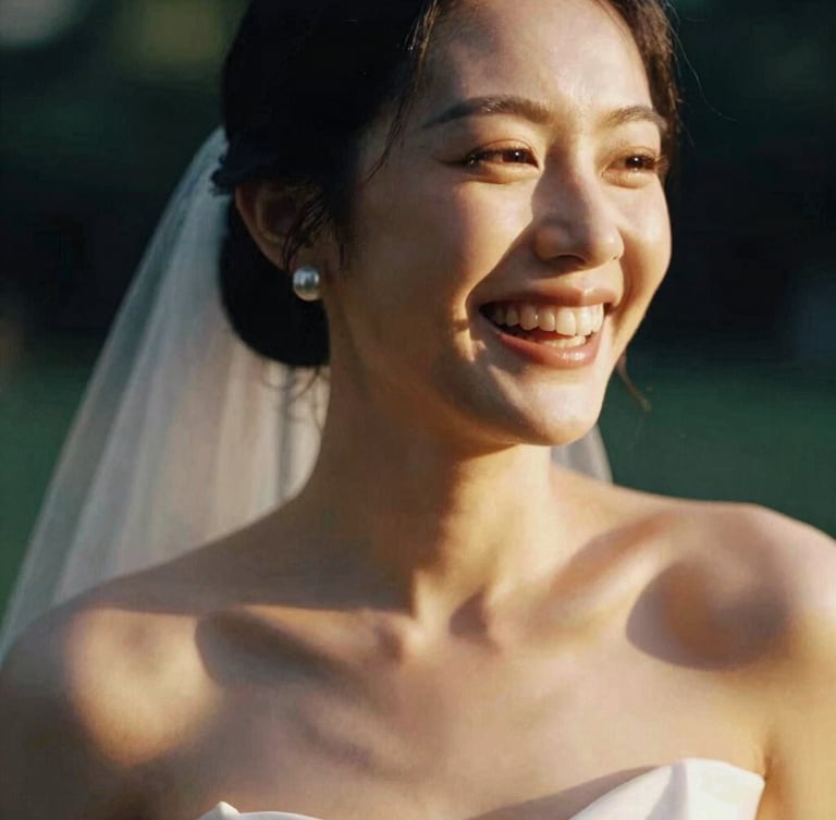 A close-up portrait of a bride laughing candidly, motion blur, warm golden hour light, soft focus, authentic emotion, 35mm film aesthetic