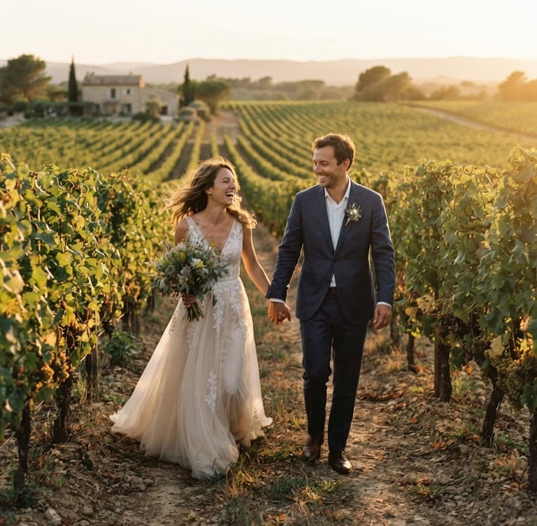 Cinematic warm golden-hour wedding portrait of a couple walking through a French vineyard, unposed, motion blur, 35mm film grain, rich shadows, editorial style