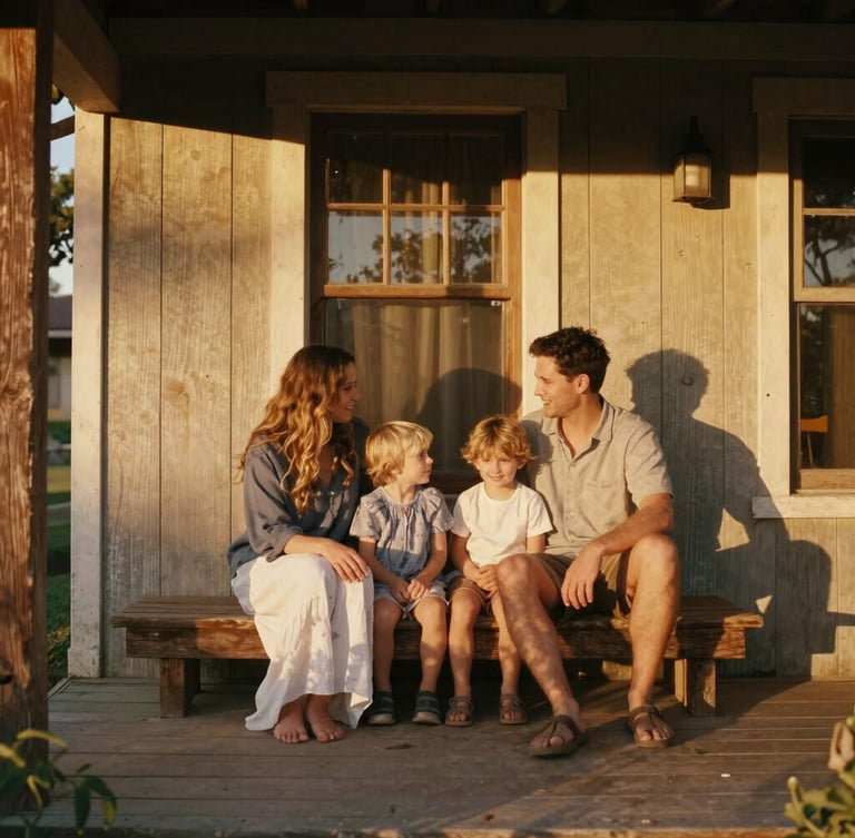 Warm lifestyle photography of a family sitting on a rustic wooden porch during California golden hour, soft focus, 35mm film aesthetic