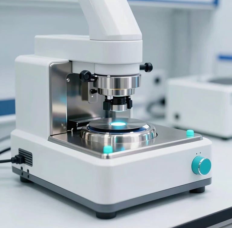 Sleek clinical laboratory setting with high-key lighting, a precise stainless steel testing apparatus on a white surface, sharp turquoise indicator lights reflecting on clean metallic elements, macro depth of field.