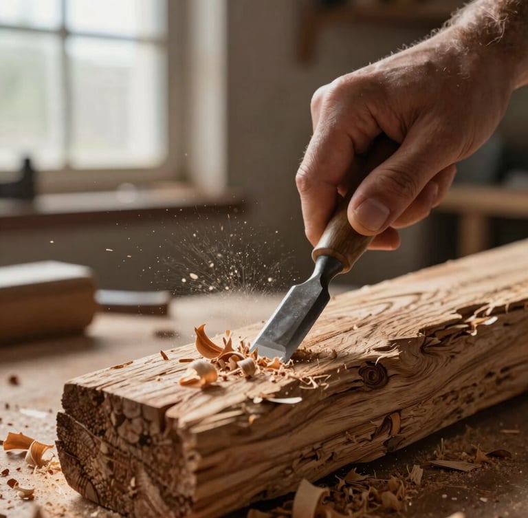 Extreme close-up of hands carving weathered oak wood with a traditional chisel, fine wood shavings flying, harsh side lighting from a workshop window.
