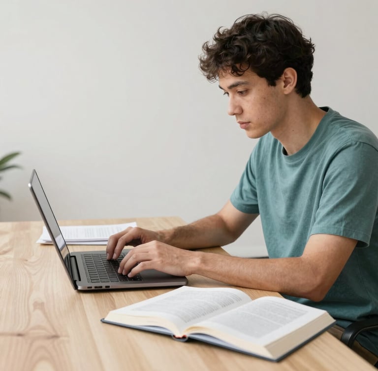 Pesquisador trabalhando em laptop moderno com livros abertos, luz natural, foco em mãos digitando e páginas de livro, ambiente minimalista de estudo, com tons neutros e detalhes em teal.