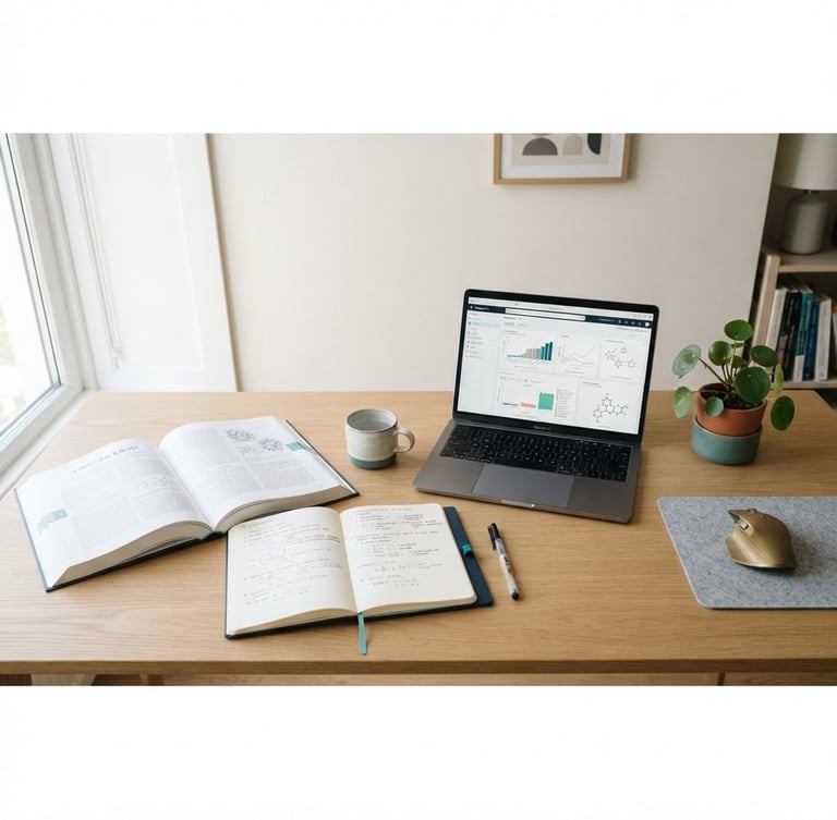 Clean desk setup with an open academic book, a modern laptop displaying a research tool, and a notebook with handwritten notes, under bright natural daylight, soft shadows, neutral tones with teal accents, 35mm, wide panoramic view from above, off-center laptop