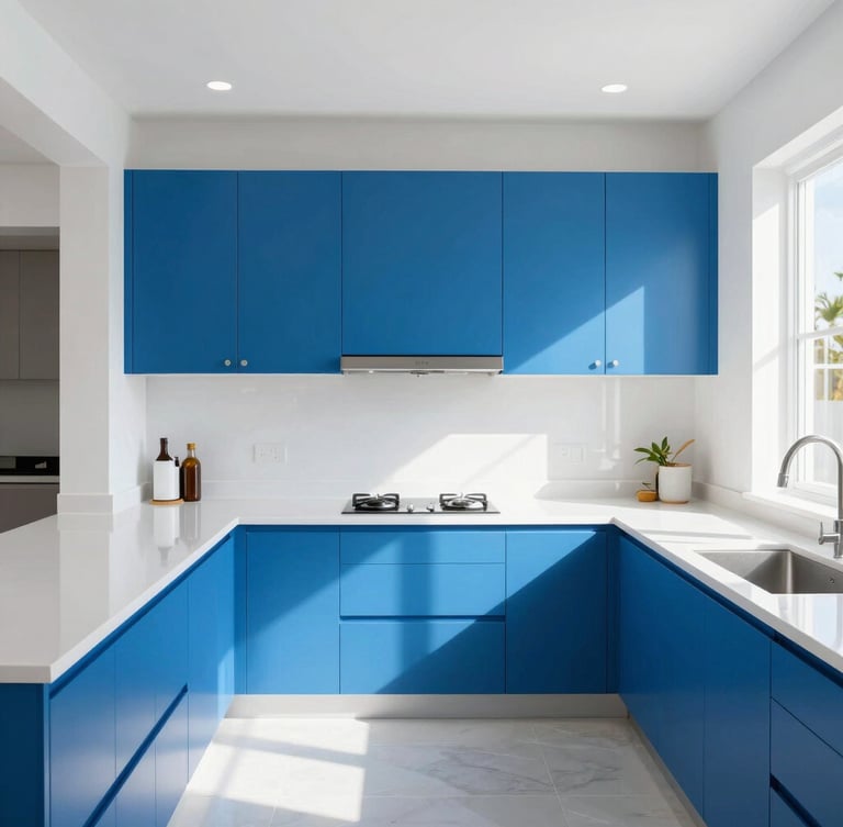 Straight-on architectural photograph of a modern sun-drenched kitchen with electric blue cabinets and clean white countertops, high-key Florida sunlight, 35mm