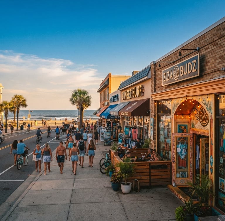 Wide panoramic Virginia Beach Atlantic Avenue storefront at golden hour, Ziza Budz entrance on the right, soft sunlit facade, clear blue sky, distant ocean waves, warm editorial photography, shallow depth of field.
