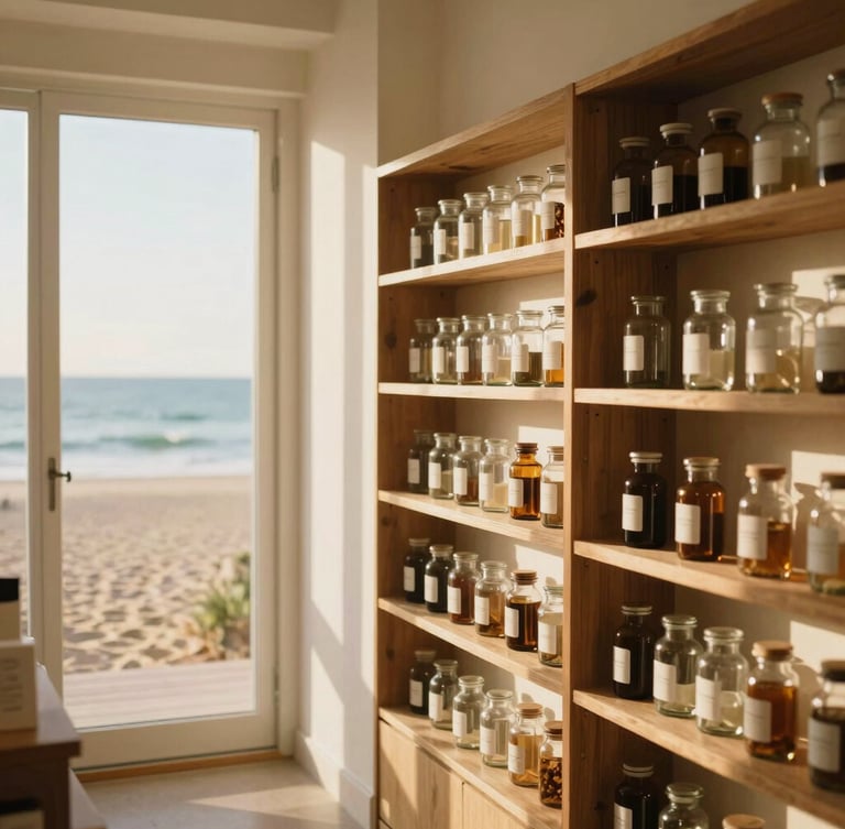 Bright, airy interior of a coastal apothecary boutique, sun-bleached wood shelves displaying minimalist glass jars, warm golden-hour sunlight streaming through front windows, shallow depth of field, 35mm.