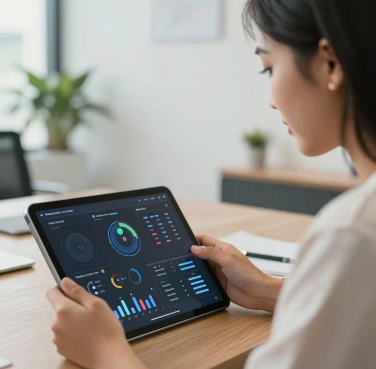 Close-up of a young Indonesian female entrepreneur showing a digital dashboard on a tablet to her colleague in a bright, modern office