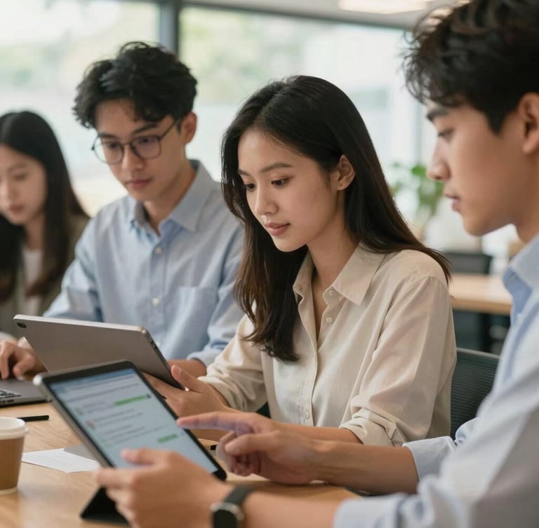 A close-up shot of young Indonesian professionals collaborating in a modern, bright co-working space, looking at tablet screens with warm natural lighting