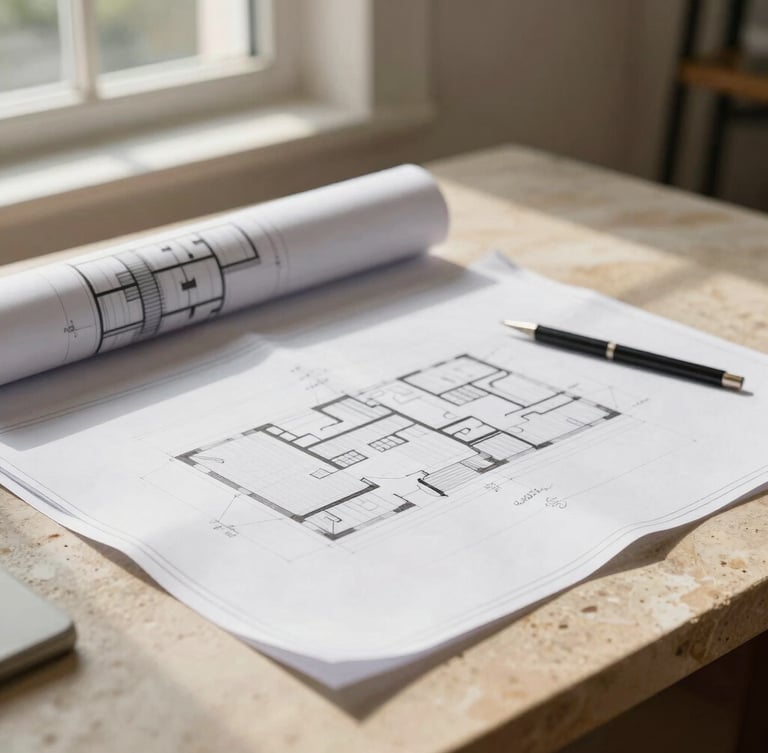 Vertical portrait of architectural blueprints resting on a warm stone table, soft sunlight from a window, technical drawing tools, elegant clean lines
