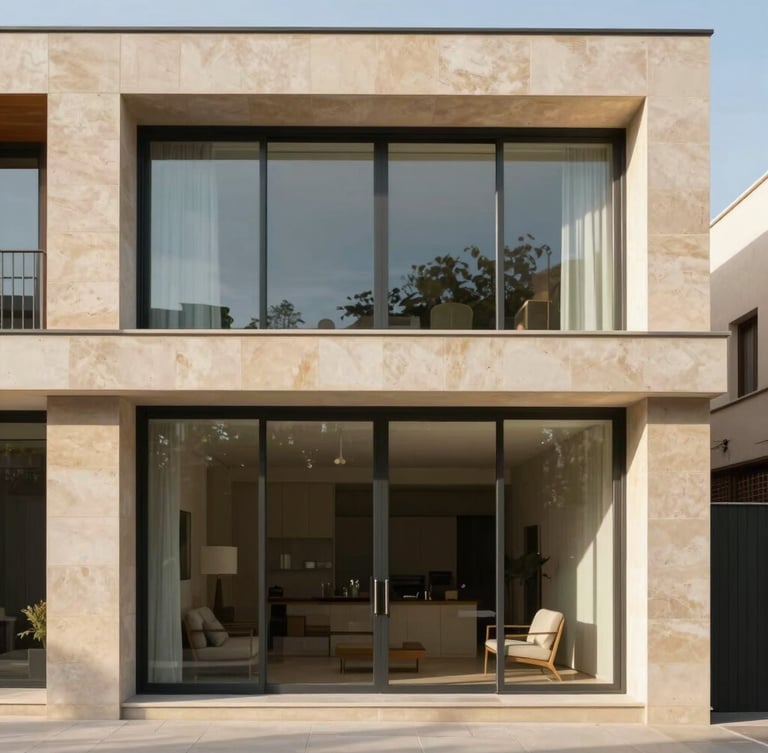 Elegant modern residential facade in Madrid, clean architectural lines, warm limestone walls, large glass windows, soft afternoon sunlight, 35mm photography