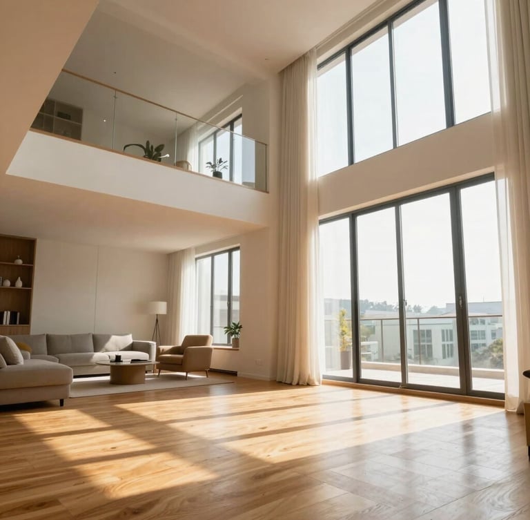 Slightly low angle shot of a bright modern apartment living room with high ceilings, warm oak floors, sunlight streaming through tall windows, minimal elegant furniture, 35mm lens