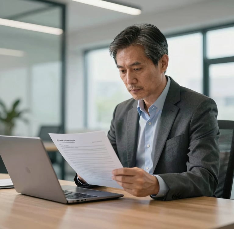 Medium shot of a mature professional in a modern, well-lit architectural workspace reviewing credit transfer documents on a laptop, natural daylight, cool tones