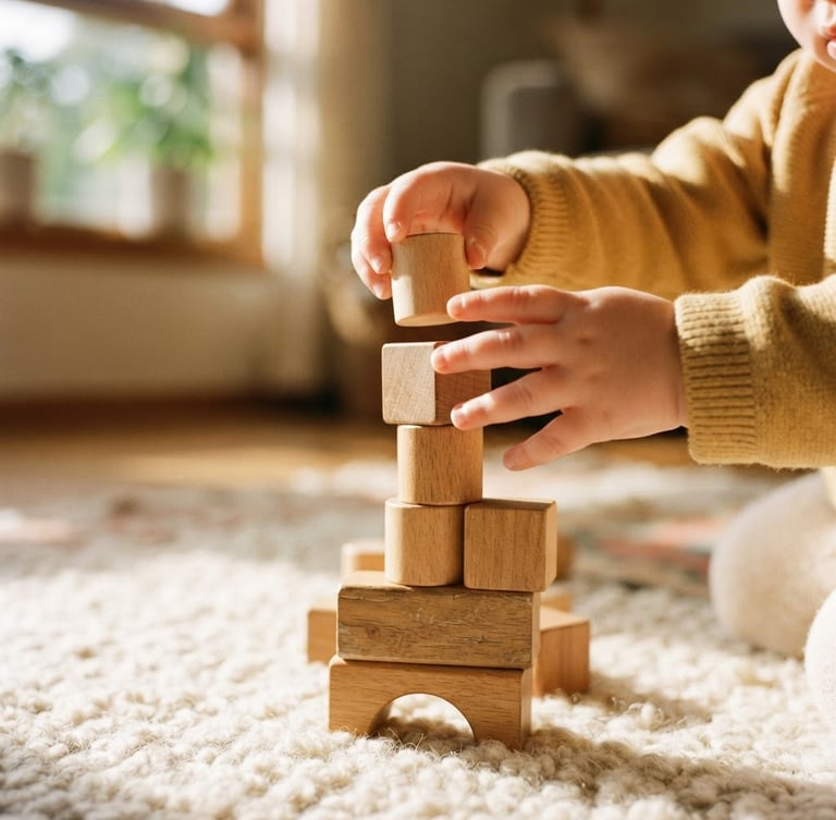 Close-up of chubby toddler hands carefully stacking smooth wooden blocks on a cream rug, bathed in warm, golden-hour window light, soft natural shadows, shallow depth of field, 35mm film