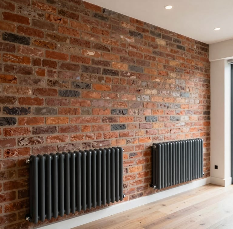 Crisp architectural photo of a newly renovated terraced house interior in Wirral, exposed brick feature wall, modern dark gray radiators, clean natural lighting
