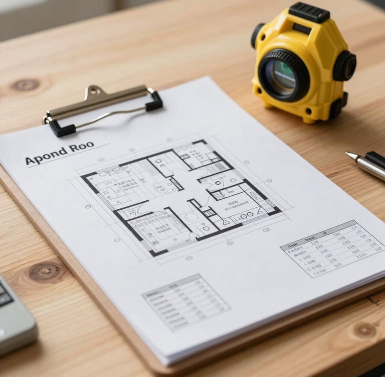 Close-up of a surveyor's clipboard showing detailed floor plans and financial calculations on a raw timber workbench, crisp natural daylight, sharp focus.