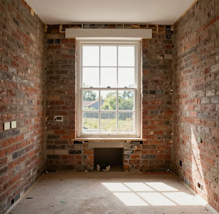 Straight-on architectural shot of a Wirral terraced house interior mid-refurbishment, exposed brickwork, clean slate flooring, natural UK daylight streaming through a tall window.