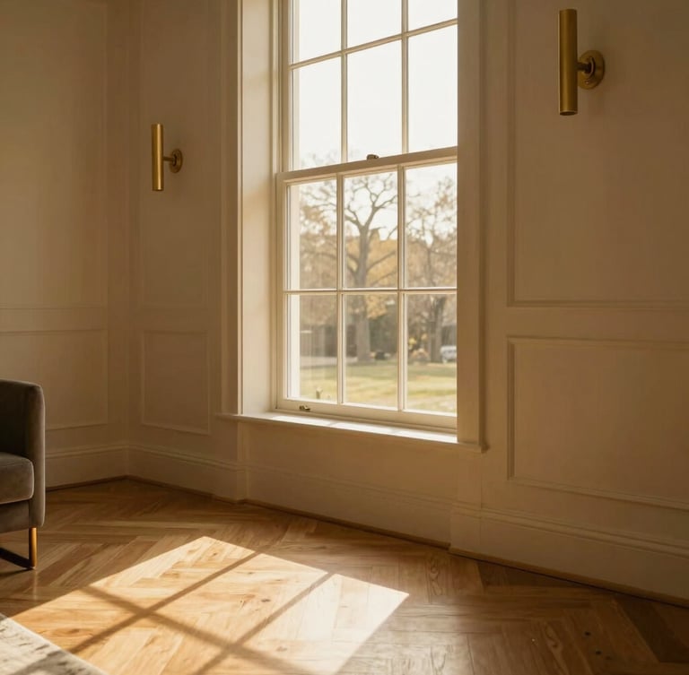 Close-up architectural detail of a staged luxury living room in Loudoun County, warm golden-hour window light reflecting on oak floors and brass fixtures, elegant minimalist design, 35mm lens