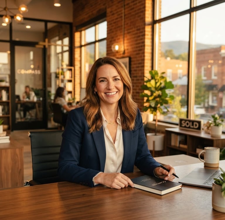 A clean professional portrait of a real estate advisor in a sun-drenched modern Leesburg office, warm golden-hour window light, rich saturated tones, 35mm lens
