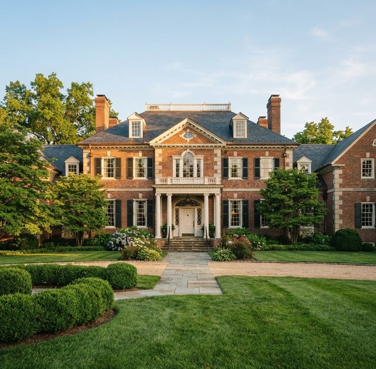 Wide-angle architectural shot of a historic brick estate in Leesburg, sun-drenched morning light, manicured lawn, warm editorial style