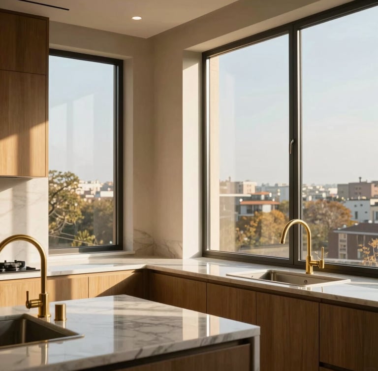 Editorial architectural photograph of a modern residential interior, sun-drenched morning light streaming through tall windows, marble countertops and brushed brass fixtures, crisp details, 35mm lens