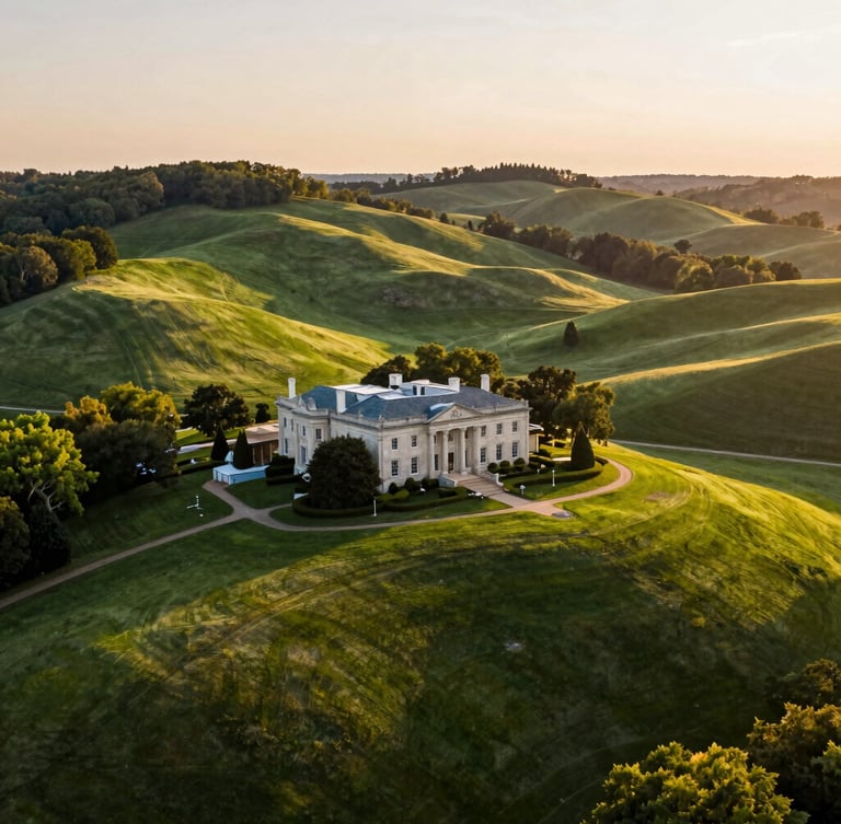 Drone shot of rolling green hillsides and historic estates in Purcellville, golden-hour light, warm editorial style