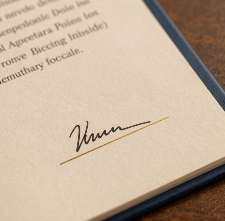 Tight macro detail of an official corporate registry document, crisp gold foil stamp, signed ink signature, warm sand background, professional lighting