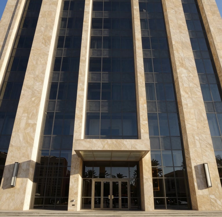Architectural wide angle of modern Dubai government building facade in sharp sunlight with deep shadows, corporate editorial style