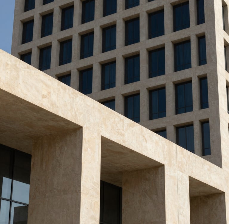 Architectural close-up of a modern Dubai government ministry building, sharp geometric concrete lines under intense desert sun, deep shadows, navy tones