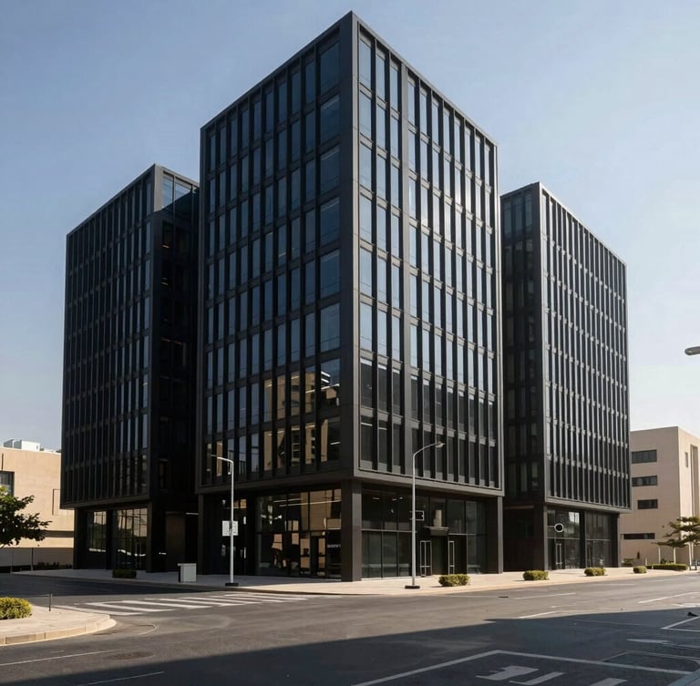 Architectural wide angle of a modern minimalist corporate building in Downtown Dubai, sharp natural daylight, deep shadows, professional editorial framing, 35mm lens.