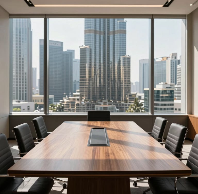 Architectural wide angle of a high-end corporate boardroom in Downtown Dubai, sharp natural sunlight casting geometric shadows, minimal wood table