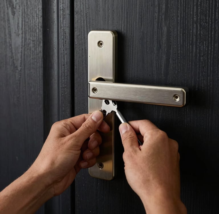 Hands of a master locksmith using precision tools to install a sleek steel lock plate on a minimalist dark oak door, high contrast, warm key light