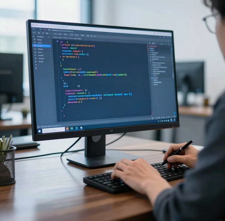 Close-up of a developer writing clean code on a vertical monitor, cool blue screen glow reflecting on a dark wooden desk, premium office environment, sharp focus, 35mm