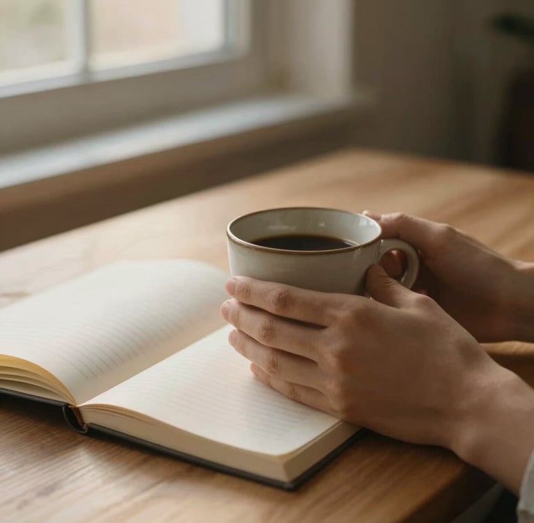 A close-up photograph of hands holding a warm morning ceramic cup next to an open journal on a clean wooden table, soft golden hour window light, muted earth tones, shallow depth of field.