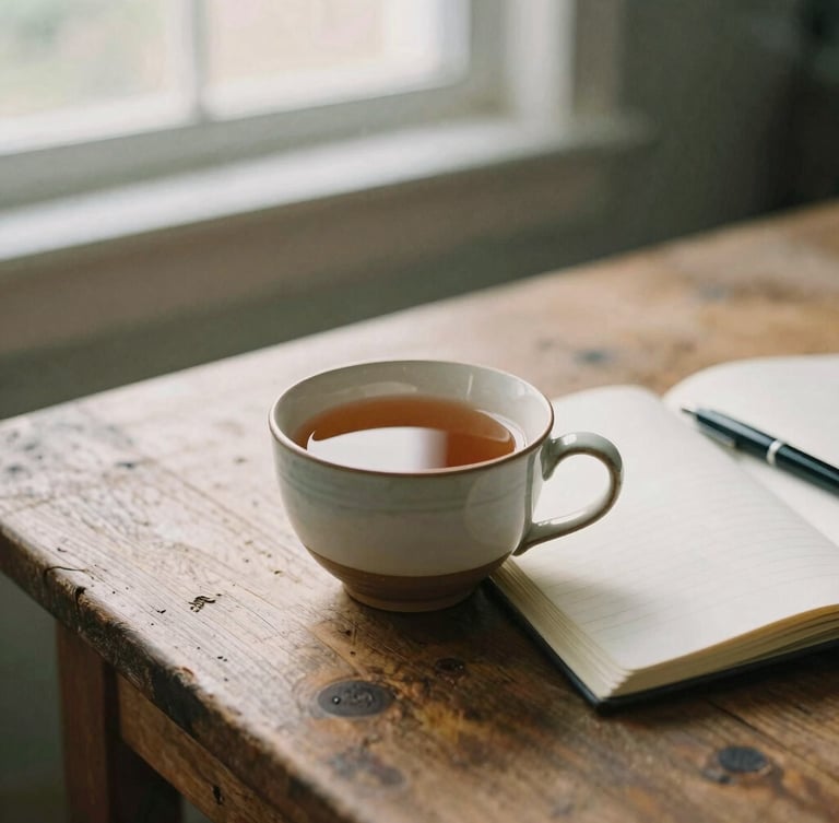 A quiet morning moment with a ceramic cup of warm tea on a rustic wooden table, soft morning window light filtering through, a clean open journal with a pen beside it, shallow depth of field, warm earth tones, 35mm film feel.