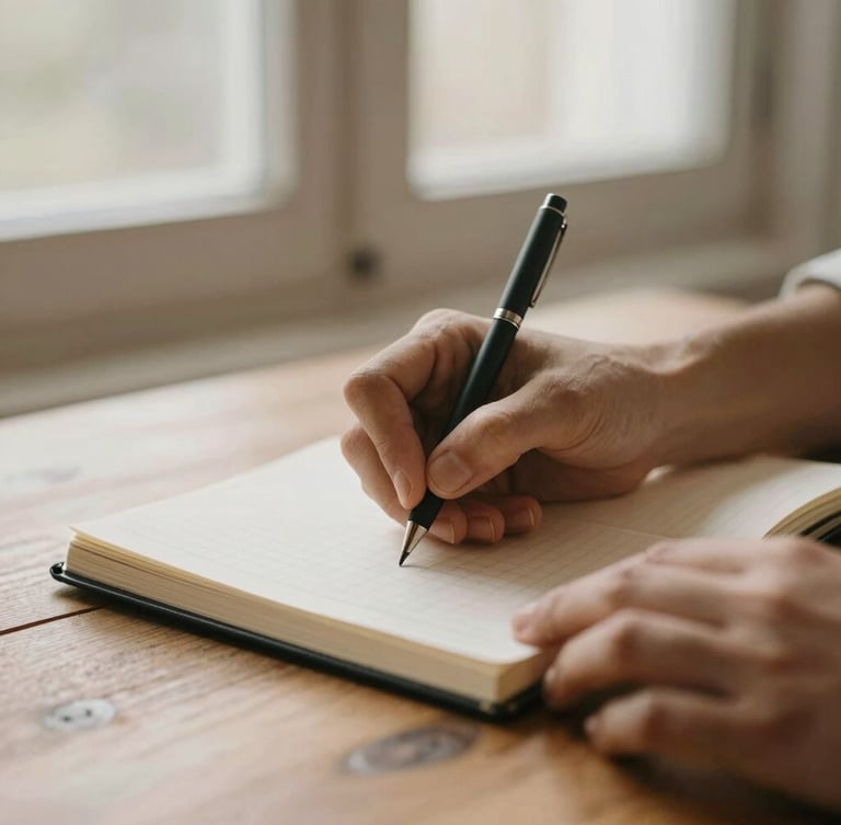Close-up of hands writing in a clean journal on a wooden table, soft morning window light, warm earth tones, shallow depth of field