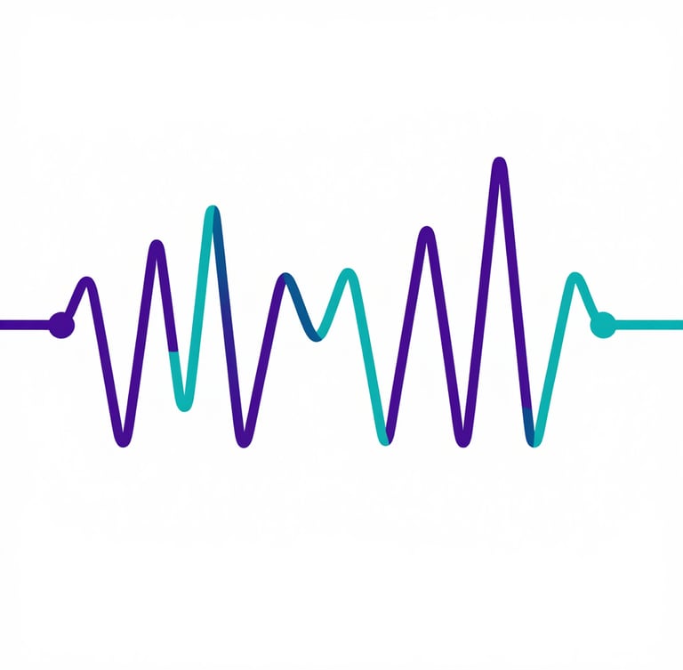 A clean, high-contrast schematic diagram of cardiac action potentials, sharp vector lines in royal purple and clinical teal, white background, technical medical layout.