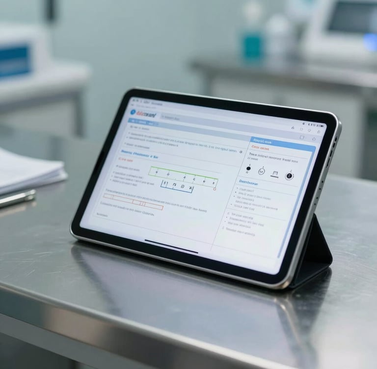 Cool natural daylight clinical environment, a modern medical tablet displaying a clean diagnostic flowchart on a stainless steel desk, shallow depth of field