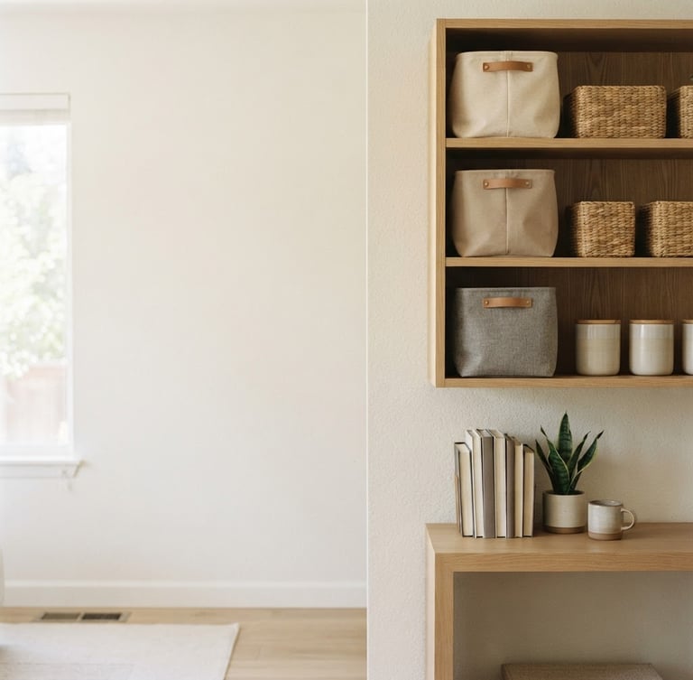 Warm, sunlit domestic environment with organized neutral storage bins, soft diffused daylight, matte textures, clean composition, 35mm lens, right third of the frame, expansive negative space to the left.