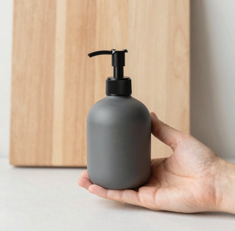 A hand holding a matte charcoal soap dispenser next to a light wood cutting board, soft diffused daylight, warm neutral tones, clean composition, 35mm lens, minimalist bathroom setting