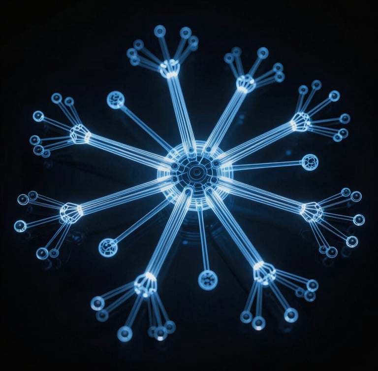 Architectural wireframe of a neural network, high contrast, cold blue glow, heavy shadows, 35mm, dark tactical photography