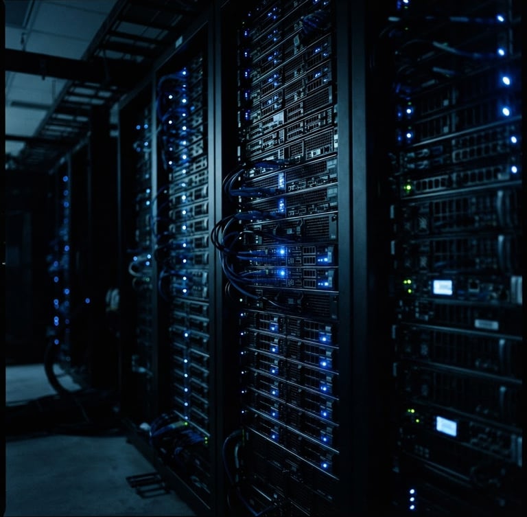 Monochromatic server array in a secure facility, cold blue terminal light, high-contrast shadows, 35mm, dark tactical photography