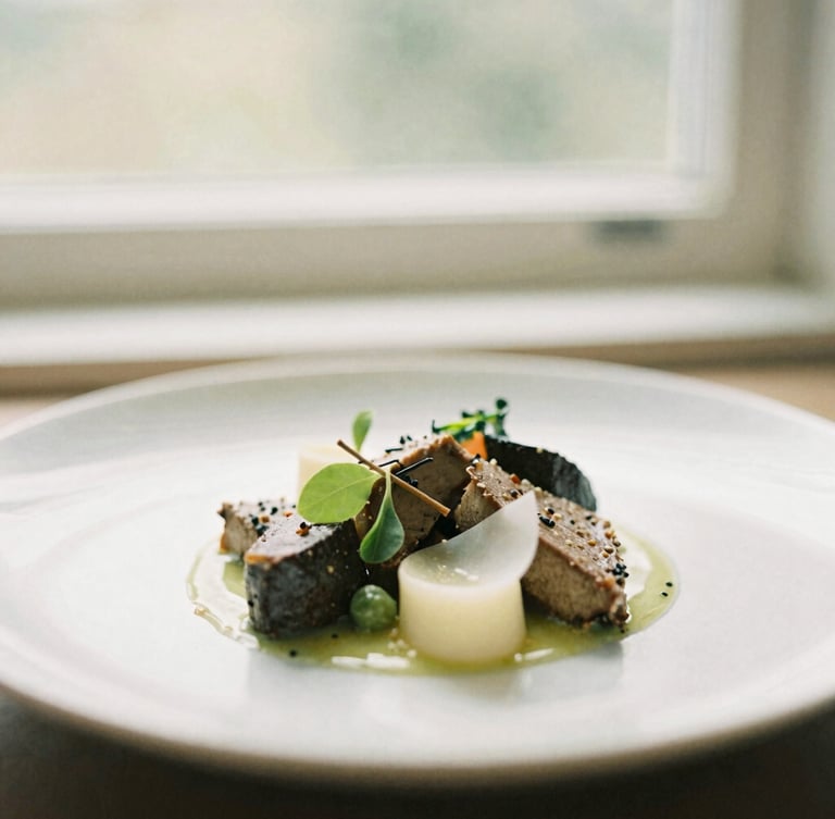 A close-up of an artfully plated seasonal dish under soft, natural window light, muted olive and ivory tones, shallow depth of field, 35mm photography