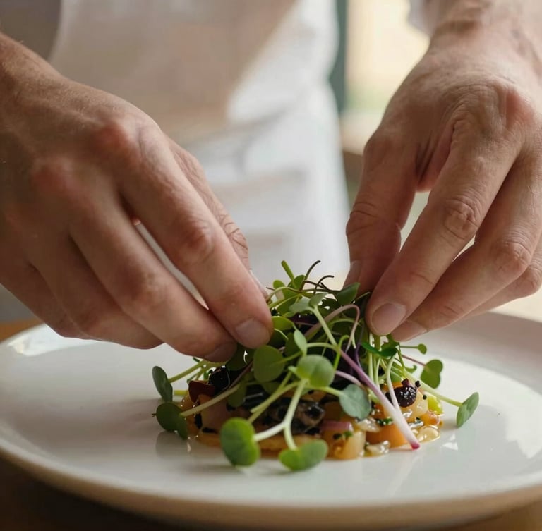 Macro close-up of a chef's hands gently arranging fresh microgreens on an artfully plated seasonal dish, soft golden hour light, shallow depth of field, focus on food texture.