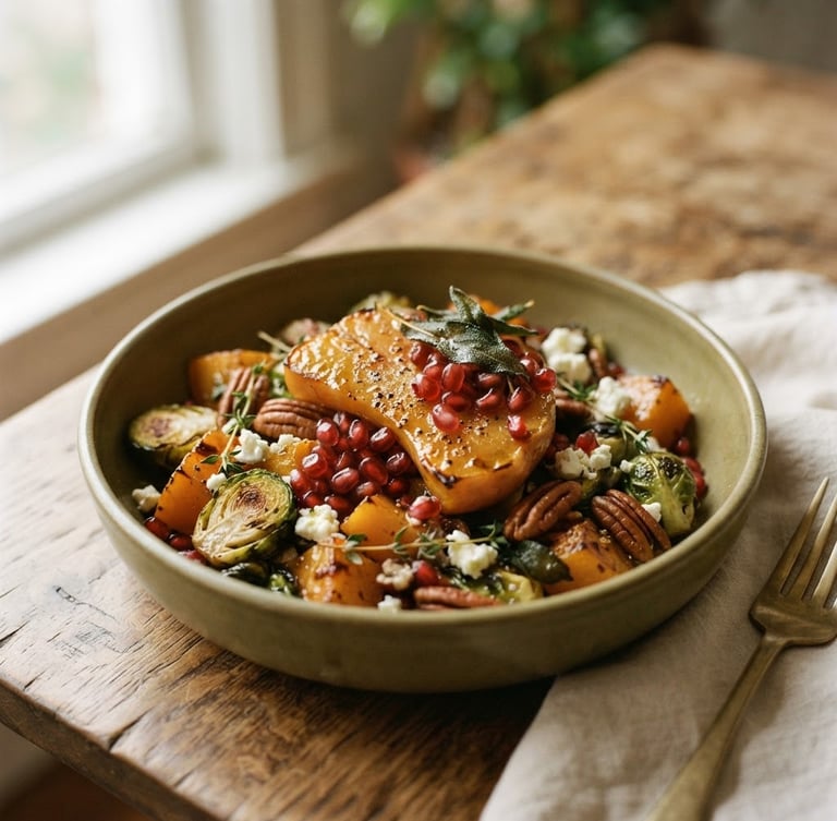 Close-up of a perfectly plated seasonal dish under soft natural window light, muted olive and ivory tones, shallow depth of field, 35mm
