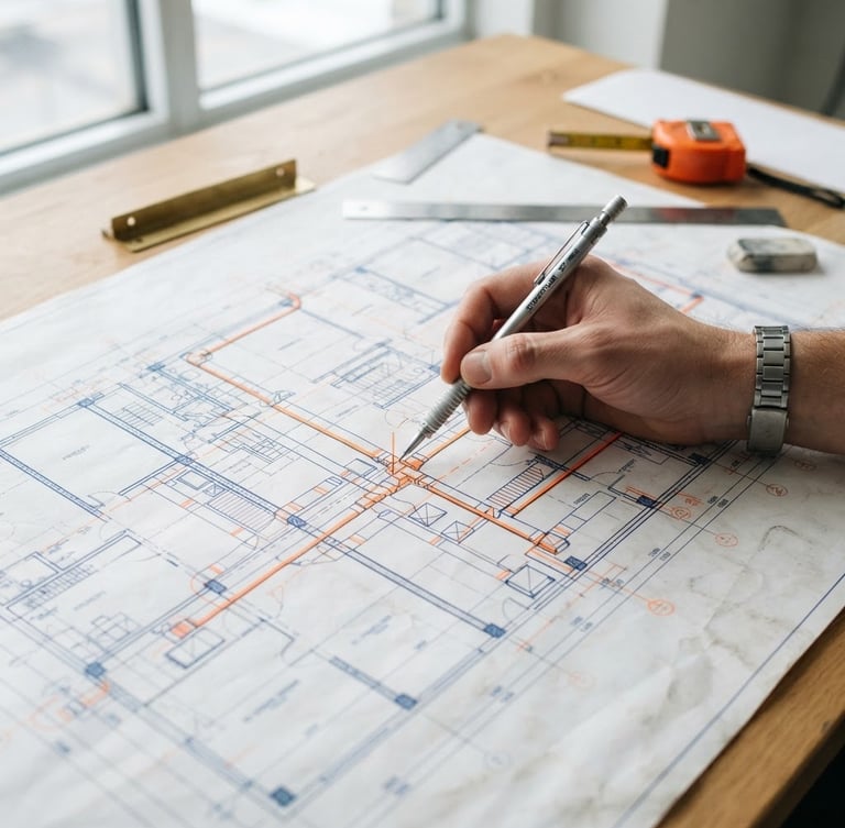 Technical overhead architectural blueprint on a desk, a hand holding a mechanical pencil pointing to a precise HVAC system layout, bright overcast daylight, safety-orange accent lines.