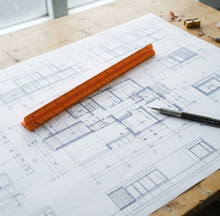 Technical architectural blueprint layout on a desk, sharp mechanical pencil, safety-orange highlighting ruler, bright overcast daylight, 35mm lens