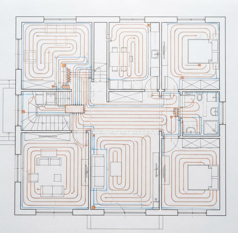 Technical architectural drawing of a modern house heating layout, overhead view, bright overcast daylight, clean blue and orange pencil marks, sharp focus