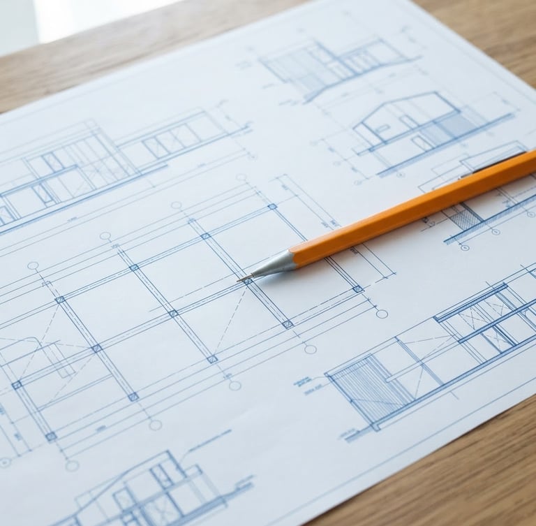 Technical architectural blueprint layout on a desk, sharp safety-orange pencil pointing to a detail, bright overcast daylight, clean lines, 35mm lens