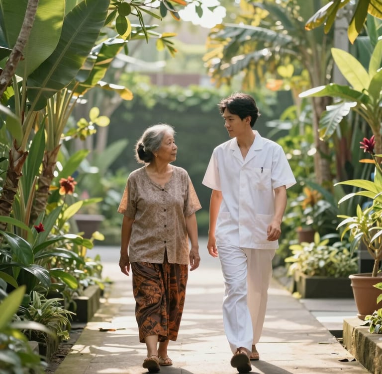 Warm editorial photography of a serene garden pathway in Bali, soft morning daylight filtering through lush tropical leaves, a therapist walking gently beside a resident whose back is turned, shallow depth of field, 35mm